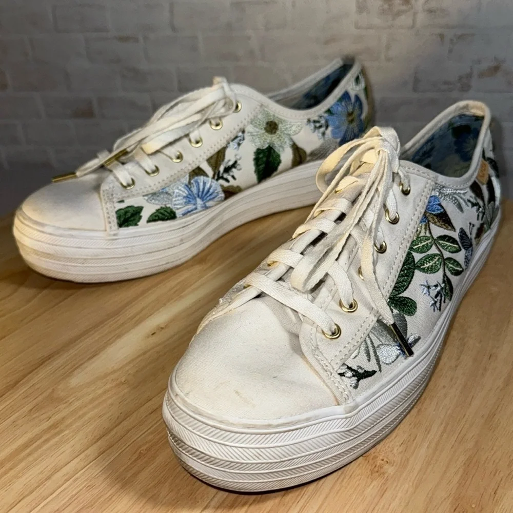 Rifle Paper Keds Triple Kick Blue Fields Embroidered Floral Casual Sneaker Shoes